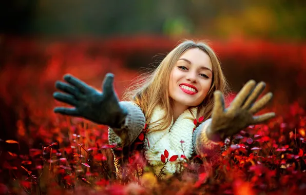 Картинка осень, девушка, клён, girl, woman, autumn, leaves, fall