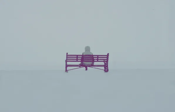 Картинка зима, снег, человек, скамейки