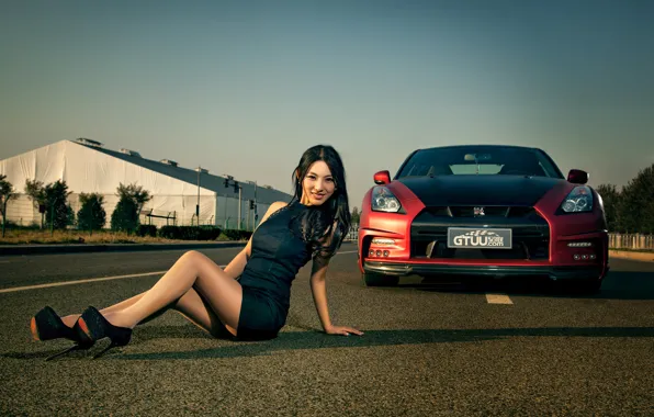 Машина, авто, девушка, модель, азиатка, автомобиль, nissan GT-R, korean model