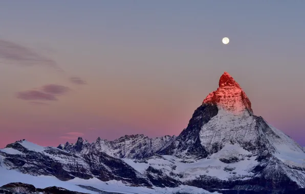 Картинка снег, луна, гора, Альпы, вершина, сумерки, пик