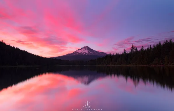 Картинка облака, закат, Oregon, photographer, водоём, Mount Hood, Kenji Yamamura