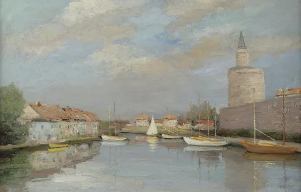 Картинка пейзаж, город, река, дома, картина, лодки, канал, крепость