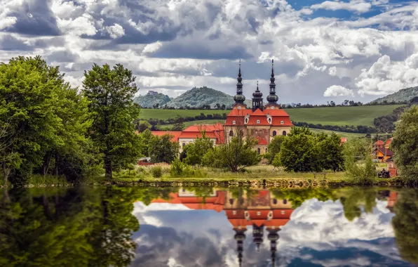 Деревья, озеро, пруд, отражение, Чехия, церковь, Czech Republic, Velehrad