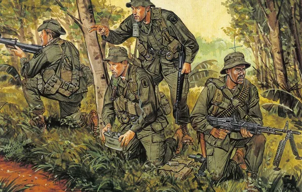 Картинка рисунок, джунгли, солдаты, США, Вьетнам, винтовка, экипировка, пулемёт