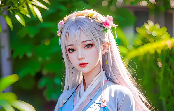 Зелень, взгляд, девушка, украшения, цветы, girl, кимоно, азиатка