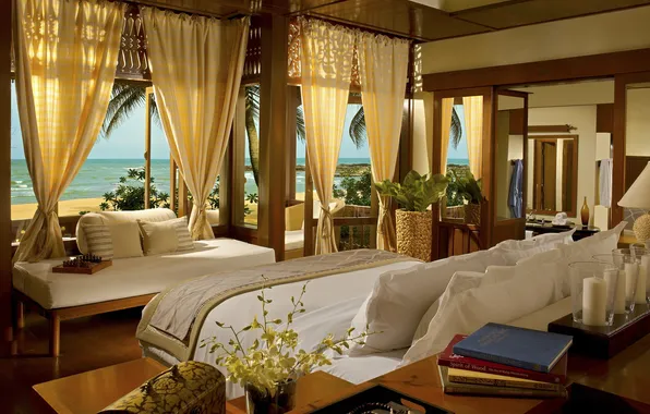 Картинка море, пальмы, комната, книги, окна, кровать, подушки, шторы