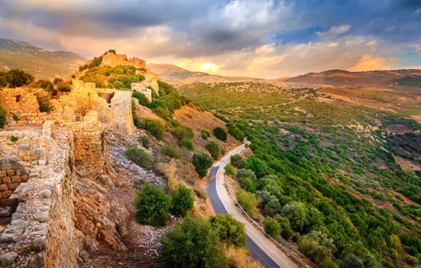 Картинка дорога, горы, камни, долина, развалины, крепость, кусты, Израиль