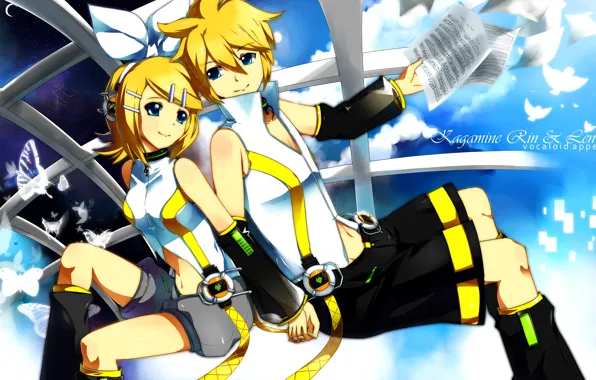 Бабочки, дети, ноты, аниме, арт, двое, Vocaloid, Вокалоид