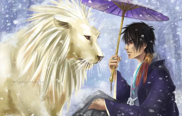 Картинка снег, лев, зонт, аниме, перья, арт, парень, Katekyo Hitman Reborn