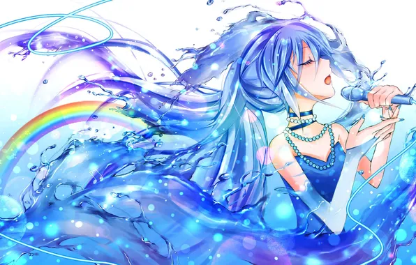 Картинка вода, девушка, радуга, арт, бусы, микрофон, Hatsune Miku, Vocaloid