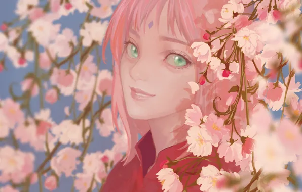 Девушка, улыбка, Naruto, cherry blossom, Haruno Sakura, by 半透明体