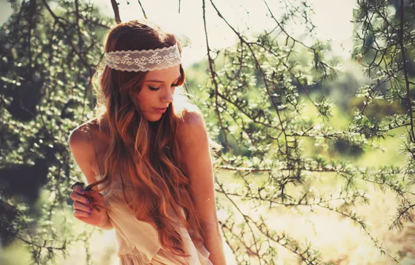 Цветы, ветки, волосы, платье, dress, flowers, hair, branches