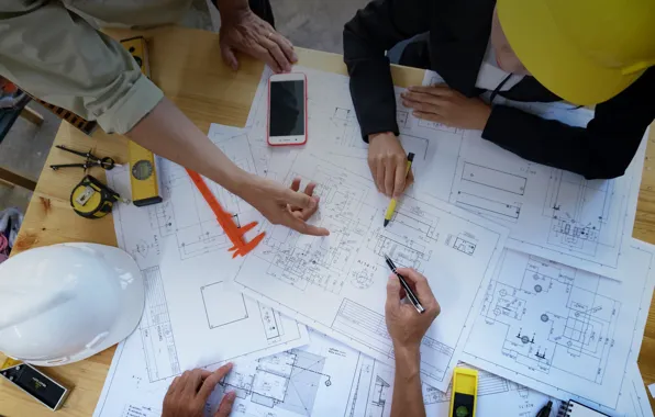 Helmets, pencil, engineering, blueprints
