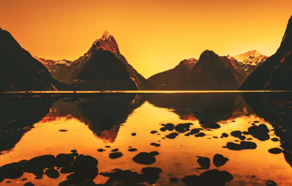 River, New Zealand, water, mountains, mountain, hills, hill, sunrise