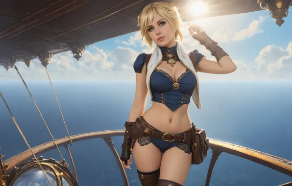 Картинка cleavage, short hair, women, steampunk, blonde, CGI, thighs, looking at viewer