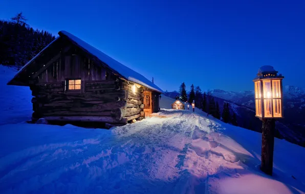 Картинка зима, снег, ночь, фонарь, light, house, landscape, night