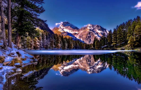 Картинка лес, снег, горы, озеро, отражение, Альпы, Switzerland, Alps