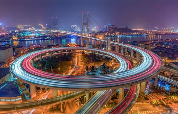 Картинка ночь, мост, город, огни, вечер, выдержка, Китай, Шанхай