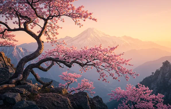 Небо, горы, весна, долина, саккура, mountains, sakura, spring