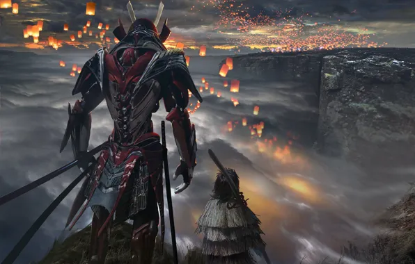 Картинка тучи, воин, холм, фонарики, samurai armor