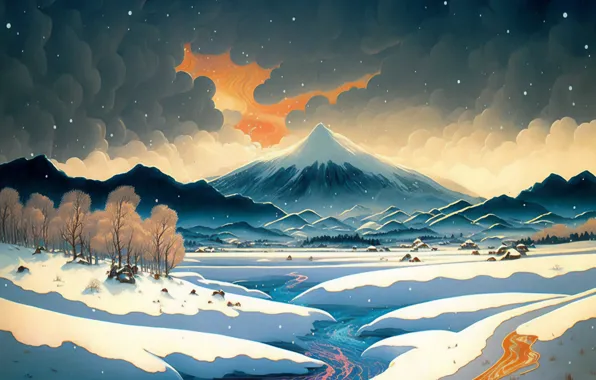 Зима, облака, снег, деревья, горы, Япония, долина, Фудзи