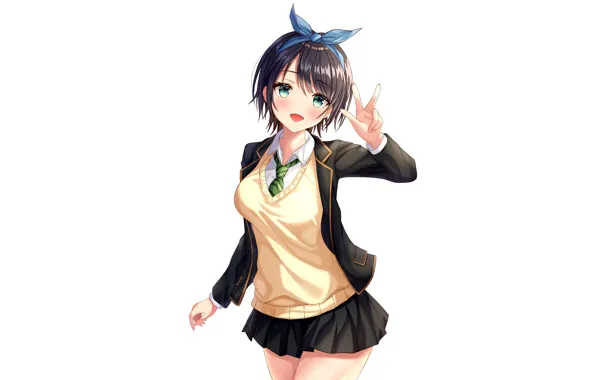 Girl, green eyes, anime, beautiful, short hair, pretty, brunette, attractive