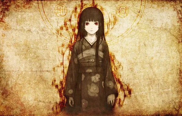 Картинка девушка, арт, иероглифы, кимоно, art, enma ai, jigoku shoujo
