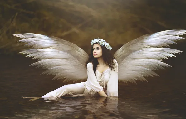 Картинка вода, девушка, цветы, крылья, ангел, брюнетка, венок