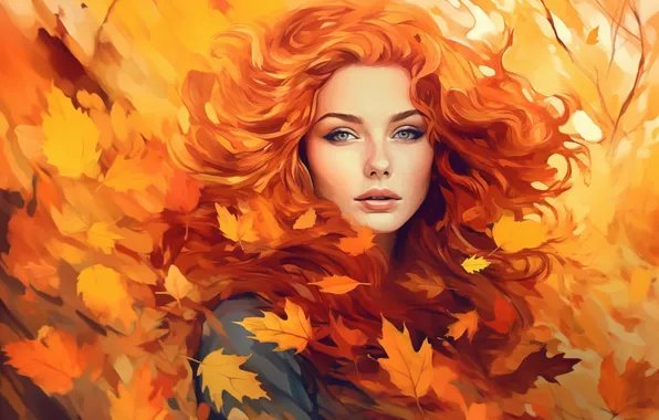 Осень, взгляд, листья, девушка, природа, лицо, ветер, листва