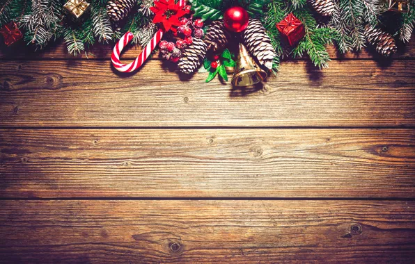 Картинка украшения, ветки, доски, Новый Год, Рождество, christmas, balls, шишки