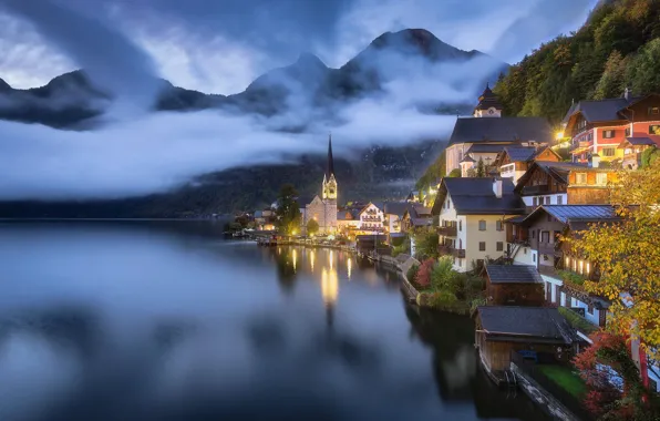 Картинка облака, пейзаж, горы, озеро, башня, дома, вечер, Австрия