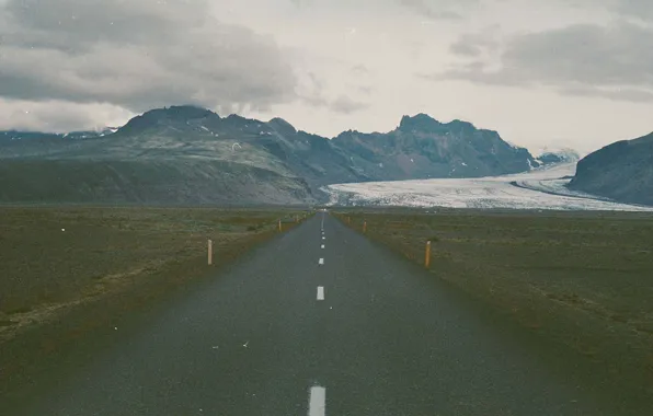 Road, mountains, clouds, Iceland, glacier