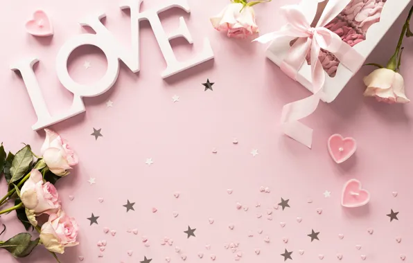 Буквы, фон, розовый, коробка, Love, розы, свечи, зефир