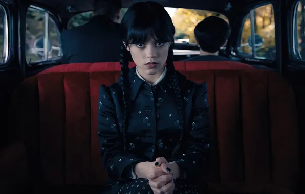 Поза, макияж, сериал, автомобиль, в машине, Wednesday, Jenna Ortega, Дженна Ортега
