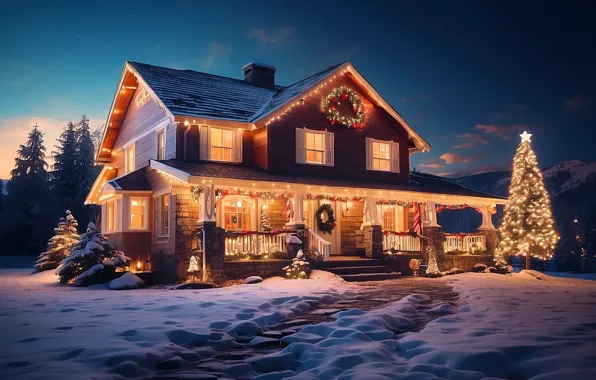 Зима, снег, украшения, ночь, lights, дом, елка, colorful