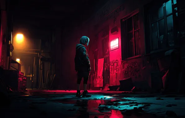 Девушка, ночь, красный, city, город, улица, red, переулок