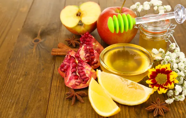 Картинка цветы, лимон, яблоки, мед, ложка, банка, мёд, корица