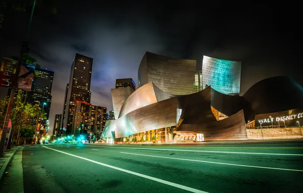 Картинка ночь, огни, улица, дома, США, Los Angeles, Walt Disney Concert Hall