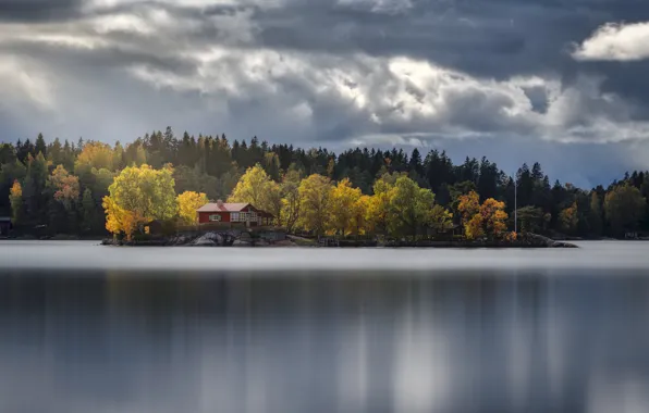 Картинка осень, лес, пейзаж, природа, озеро, дом, берег, Эстония