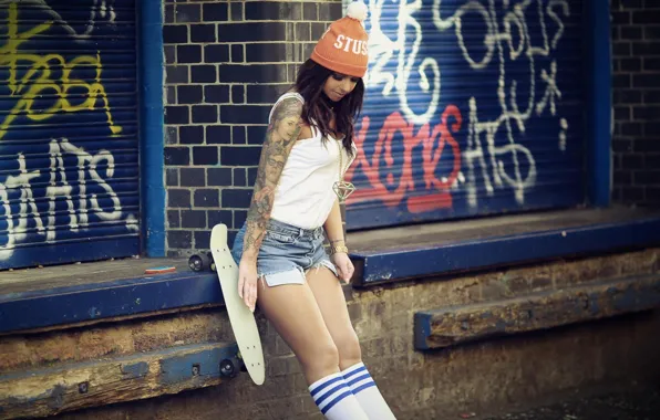 Girl, shorts, beautiful, model, tattoo, brunette, knee socks