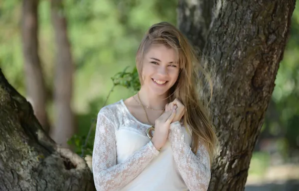 Girl, blouse, long hair, trees, smile, beautiful, pretty, lips