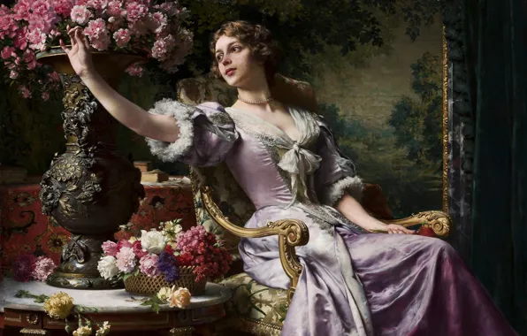 Картинка картина, painting, живопись, Lady in a lilac dress with flowers, Wladyslaw Czachorski, c1880s