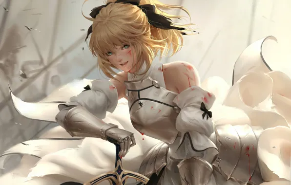 Картинка Girl, Blonde, Illustration, Face, Battle, Characters, Armor, Saber Lily