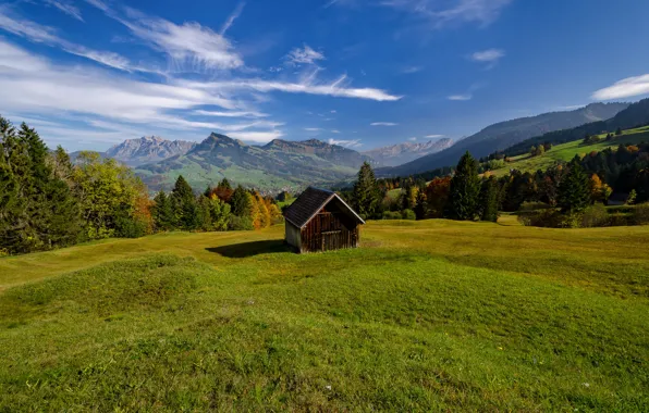 Картинка горы, Швейцария, долина, Альпы, луг, хижина, Switzerland, Alps