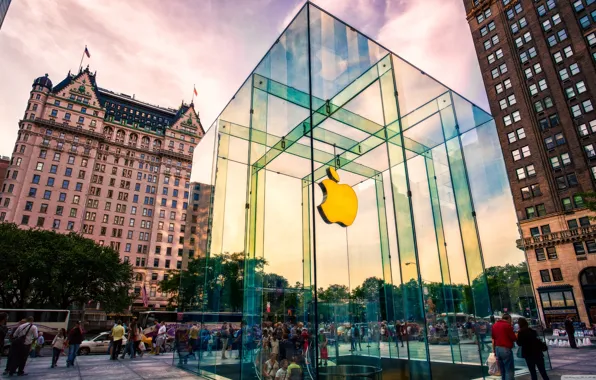 Картинка стекло, движение, люди, яблоко, лого, небоскрёбы, магазин, Apple Store