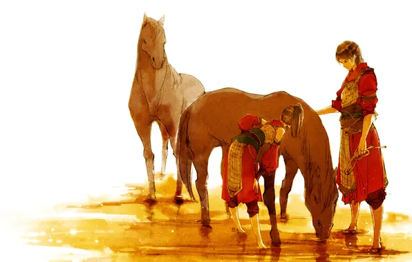 Картинка кони, аниме, купание, арт, двое