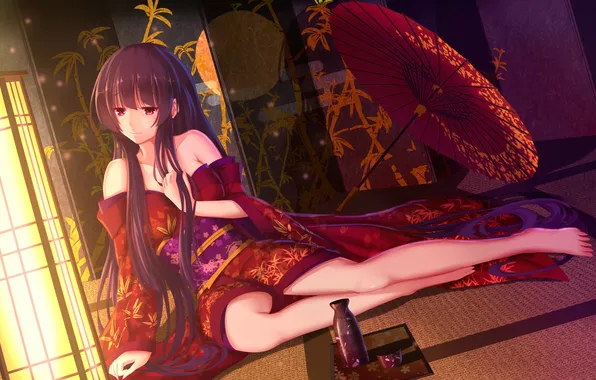 Девушка, свет, улыбка, зонт, аниме, арт, кимоно, touhou