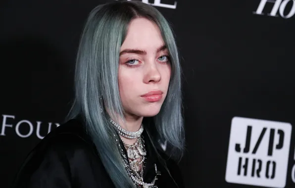 Украшения, певица, чёрный фон, голубые волосы, singer, Billie Eilish, Билли Айлиш