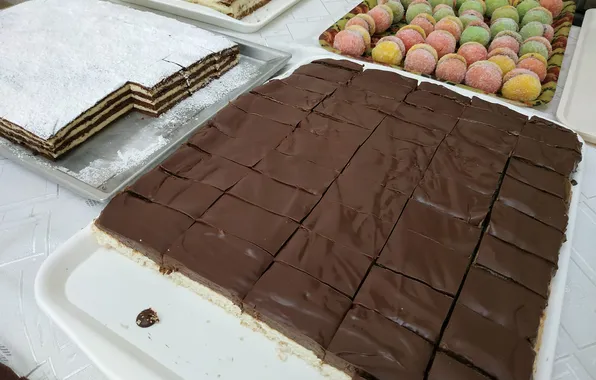 Chocolate, cakes, sugar powder