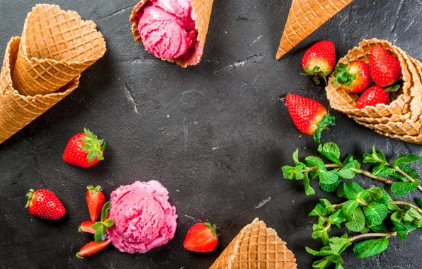 Картинка ягоды, клубника, мороженое, рожок, мята, десерт, вафля, strawberry